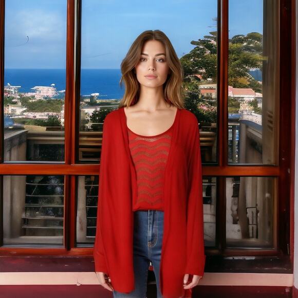 Madison Womens Top Sz XL Red Sequined Cardigan Look Flowy Knit NEW with Tags - Picture 1 of 6